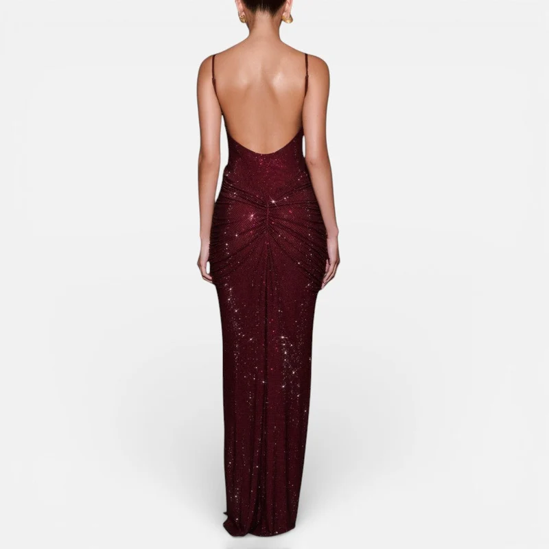 Langes Paillettenkleid mit schmalen Trägern und Rückenfrei