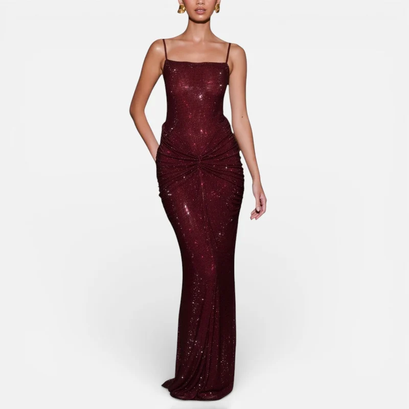 Langes Paillettenkleid mit schmalen Trägern und Rückenfrei