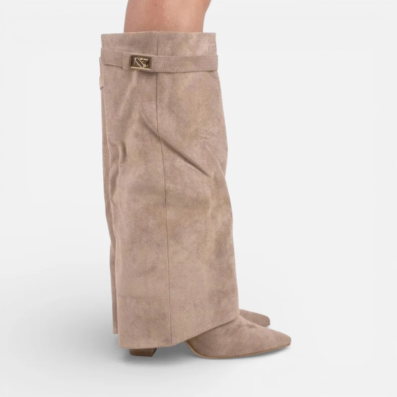 Damen kniehohe Stiefel mit Blockabsatz und Reißverschluss