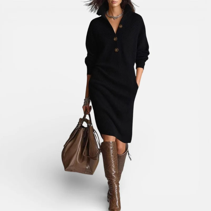 Damen Strick Midikleid mit Knopfleiste und Stehkragen