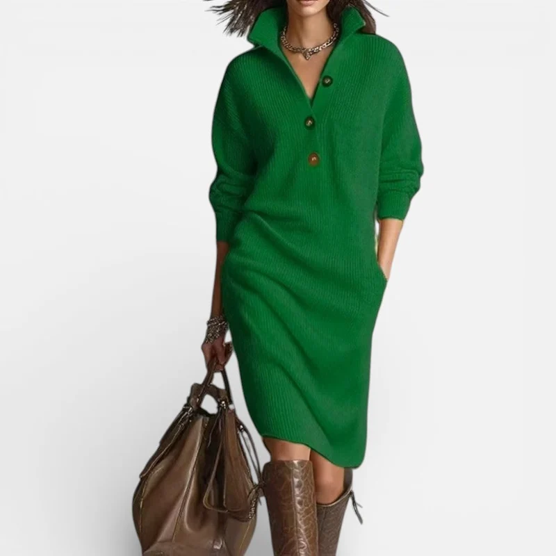 Damen Strick Midikleid mit Knopfleiste und Stehkragen