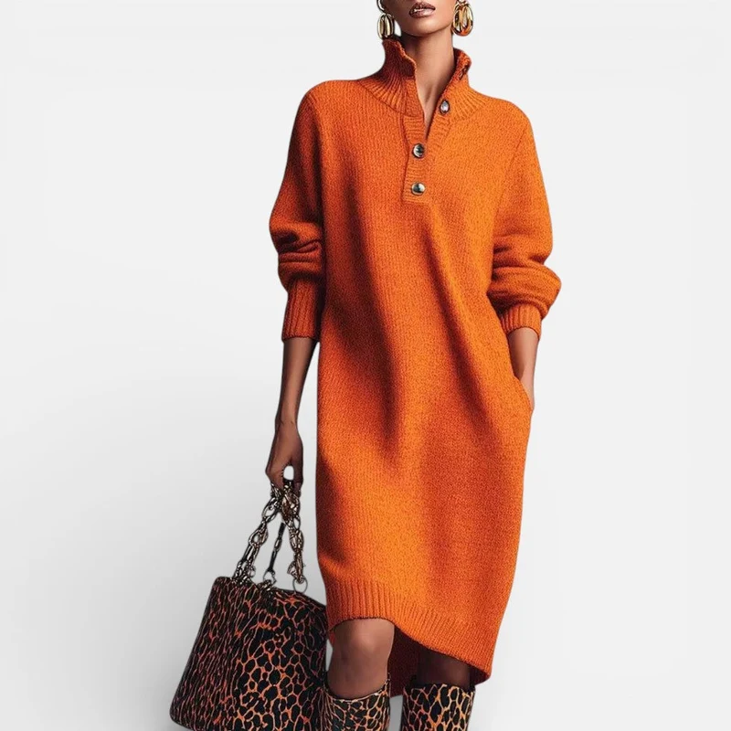 Damen Strick Midikleid mit Knopfleiste und Stehkragen
