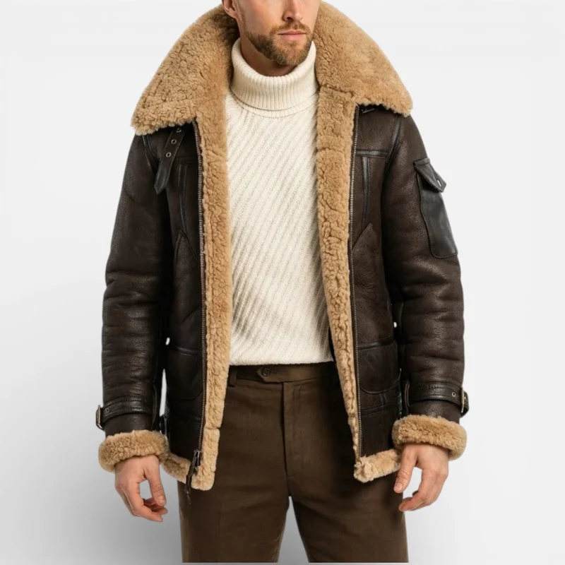 Herren Lederjacke mit Lammfellfutter und Reißverschluss