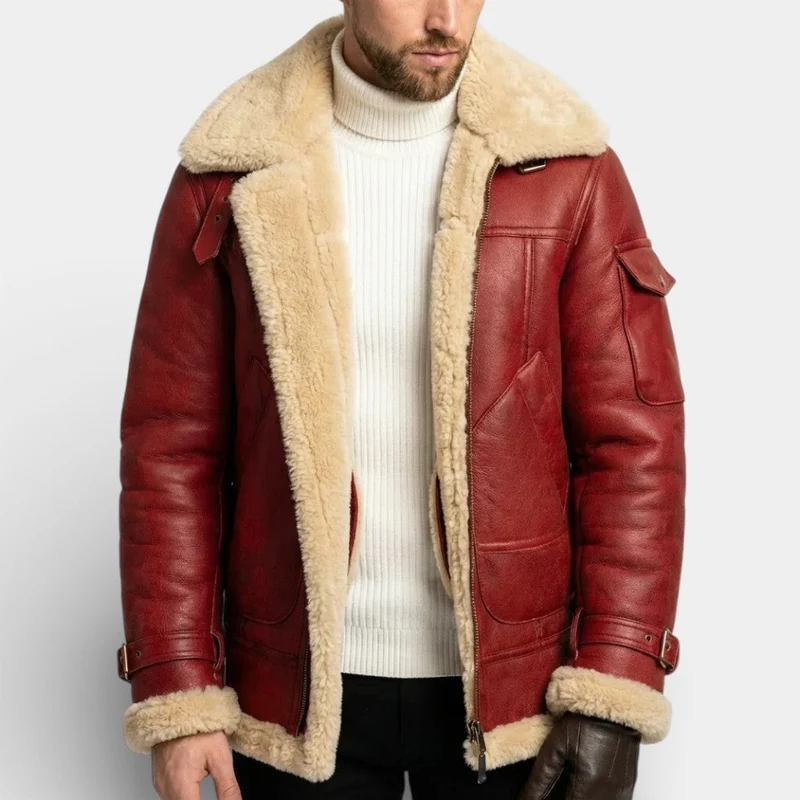 Herren Lederjacke mit Lammfellfutter und Reißverschluss