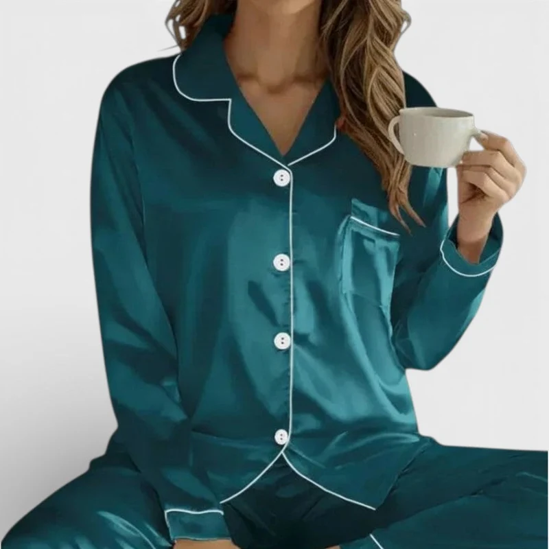 Damen Pyjama Set mit Knopfleiste und Langarm Oberteil