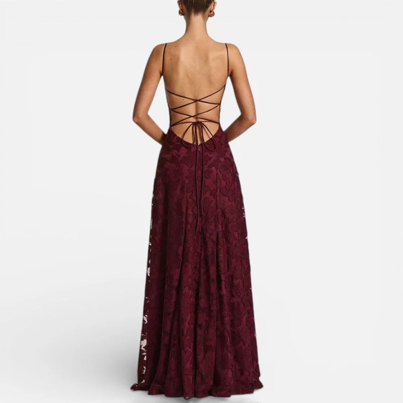 Damen Abendkleid lang aus Spitze mit Spaghettiträgern