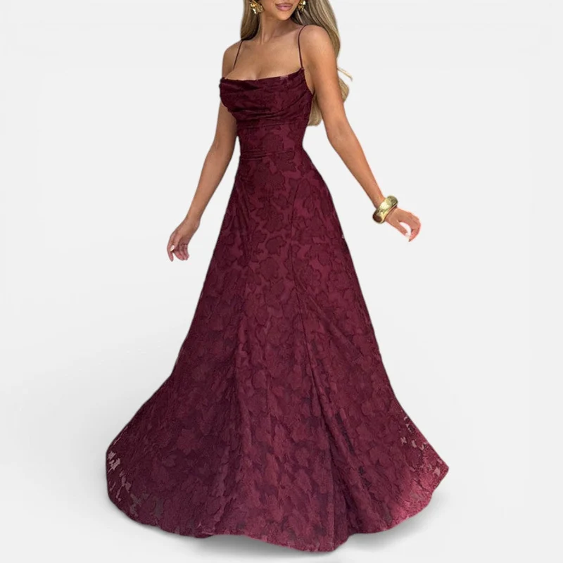 Damen Abendkleid lang aus Spitze mit Spaghettiträgern