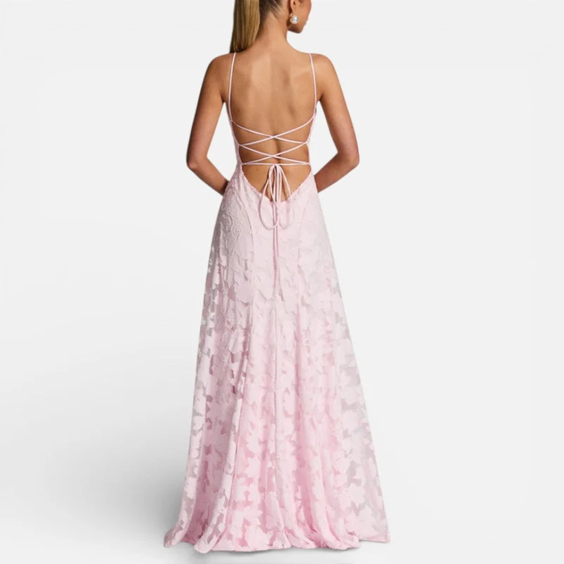 Damen Abendkleid lang aus Spitze mit Spaghettiträgern