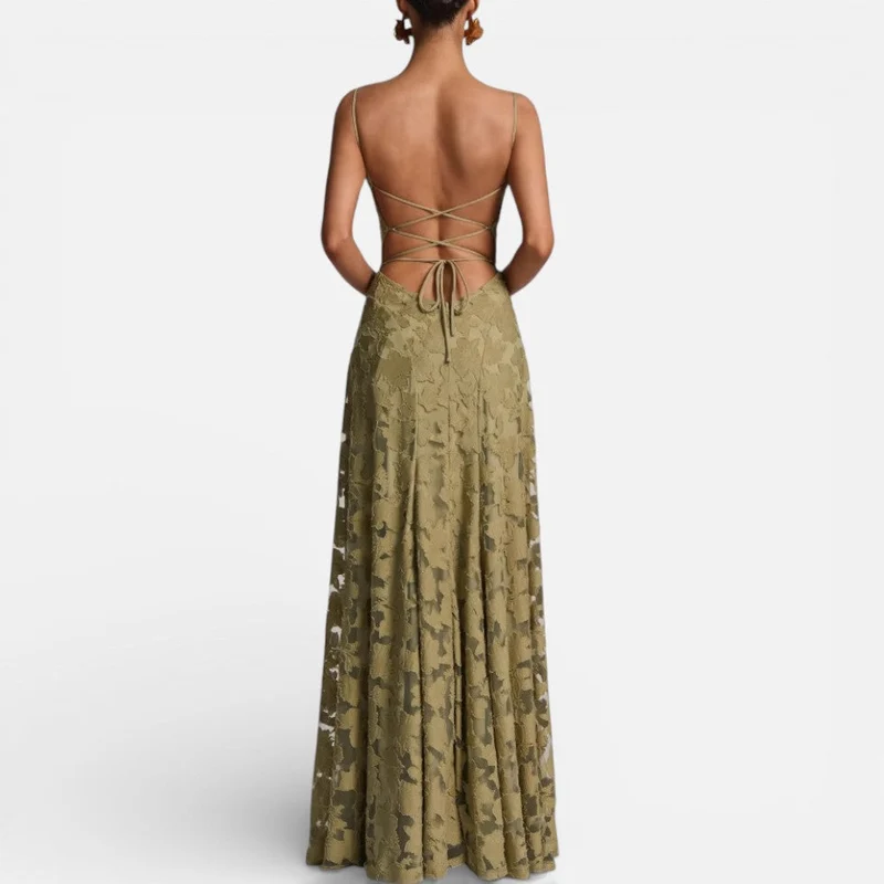 Damen Abendkleid lang aus Spitze mit Spaghettiträgern