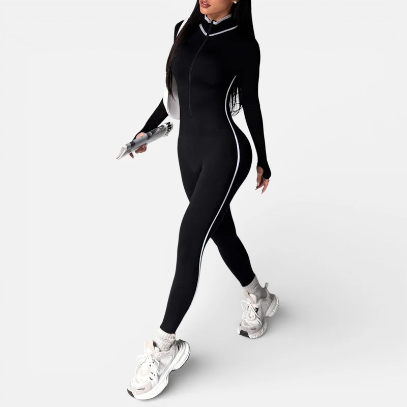 Damen Sport Einteiler mit Reißverschluss und langen Ärmeln