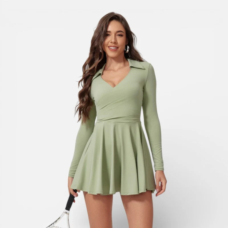 Damen Langarm Sportkleid mit Kragen und ausgestelltem Rock