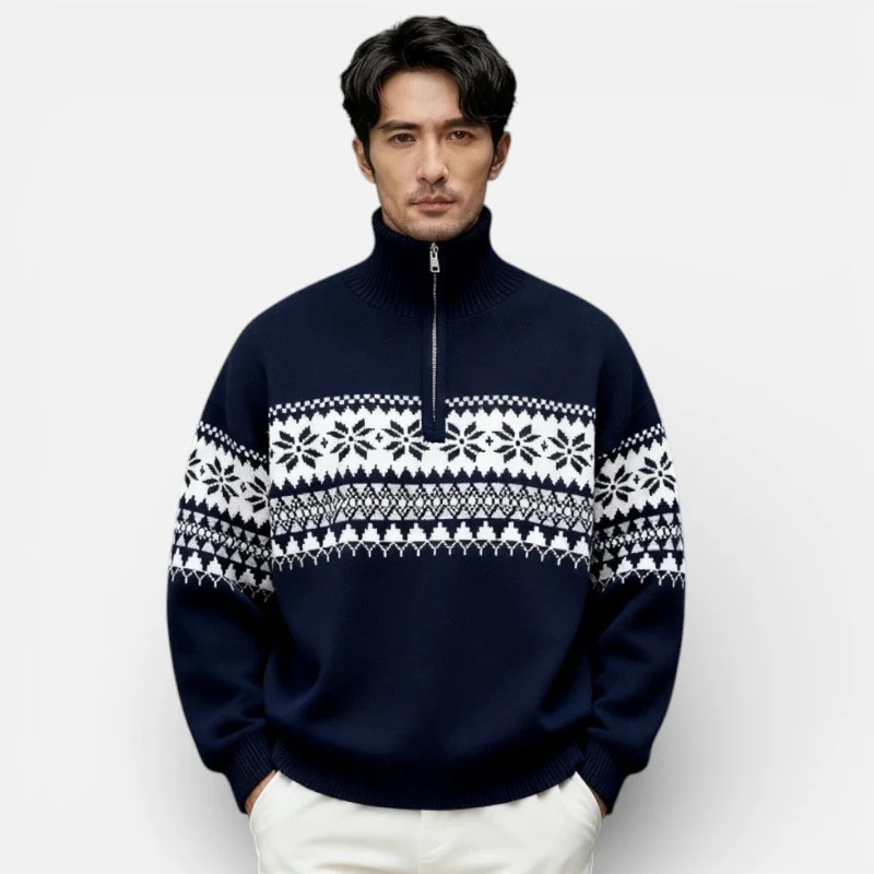 Herren Strickpullover mit Reissverschluss und Norwegermuster