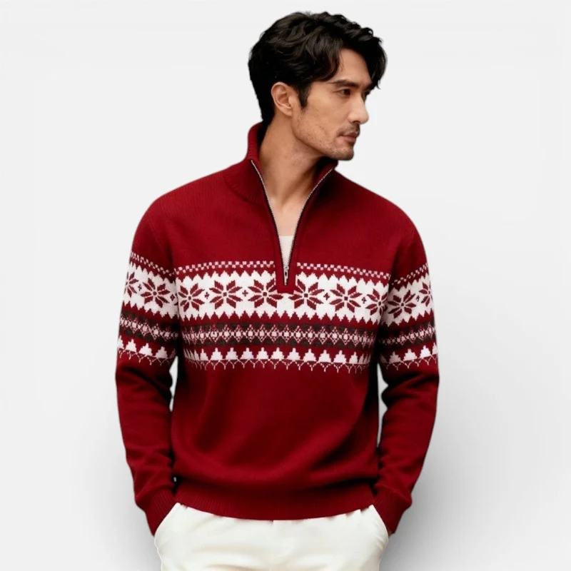 Herren Strickpullover mit Reissverschluss und Norwegermuster