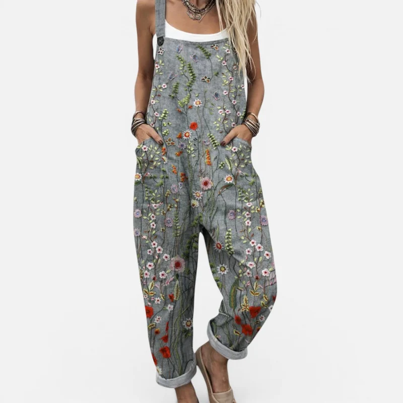 Damen Latzoverall mit Blumenmuster und lockerem Schnitt