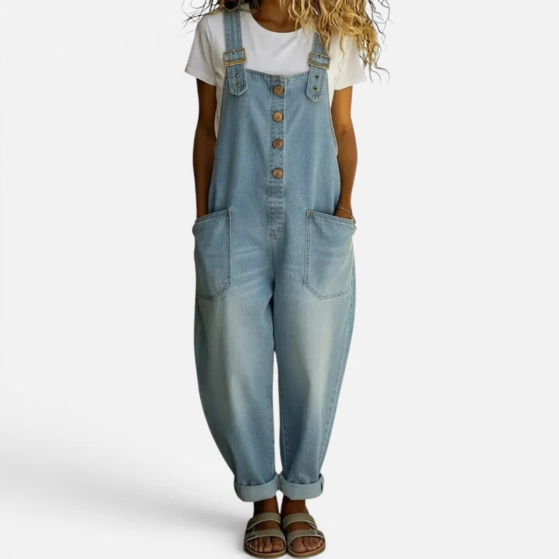 Damen Jeansoverall mit weitem Schnitt und Taschen