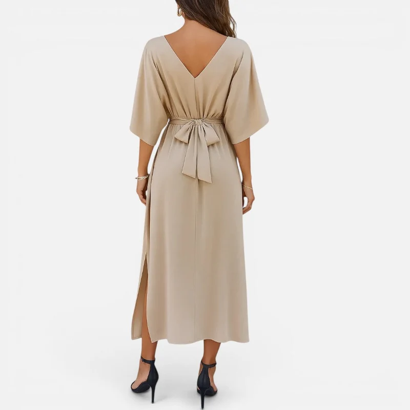 Damen Maxikleid mit V Ausschnitt und Taillengürtel