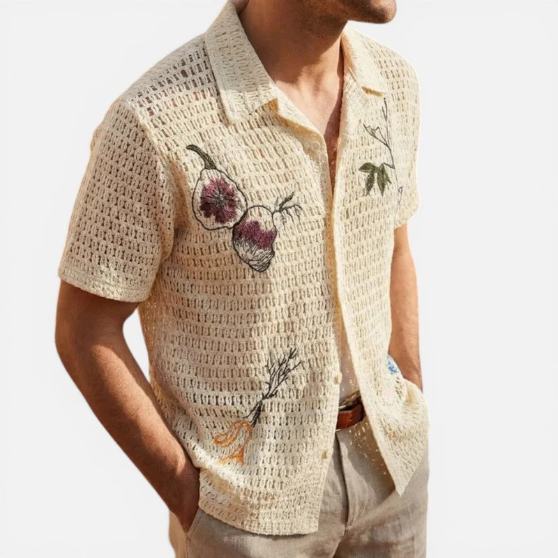 Herren Häkelshirt mit Stickerei und Knopfleiste