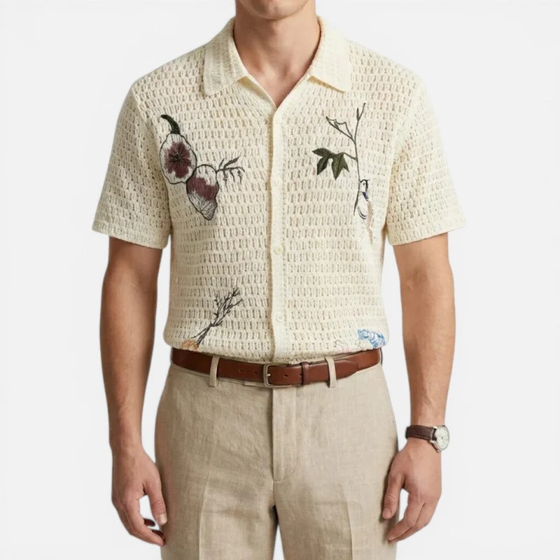 Herren Häkelshirt mit Stickerei und Knopfleiste