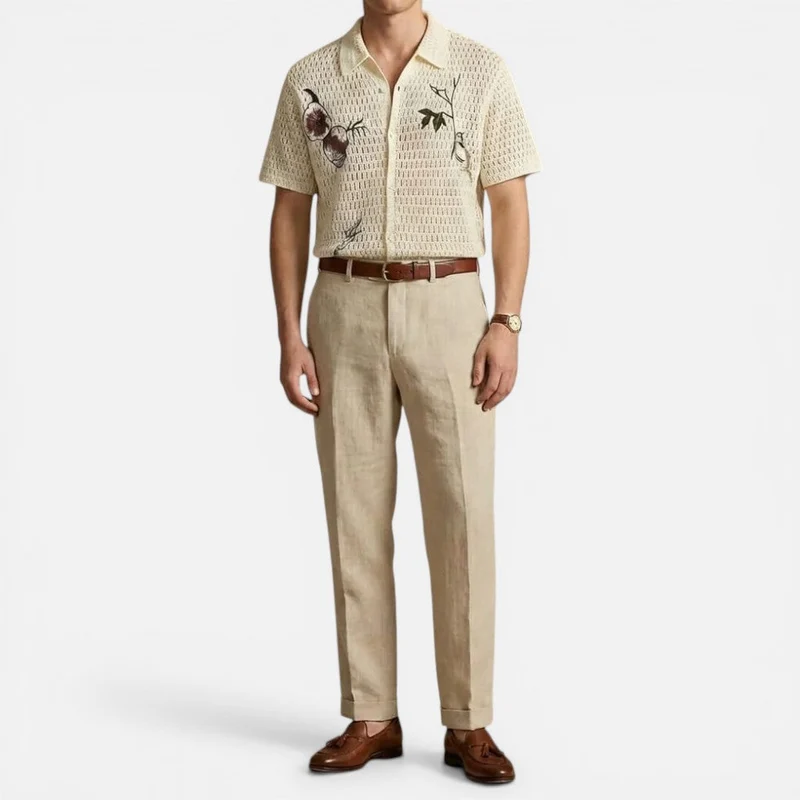 Herren Häkelshirt mit Stickerei und Knopfleiste