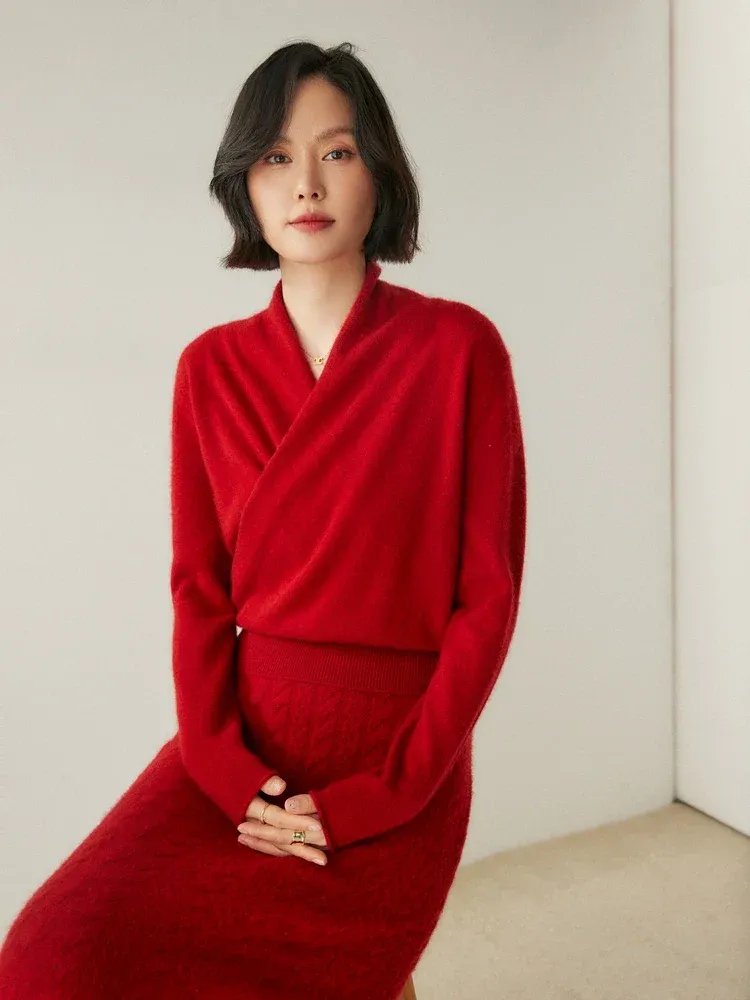 Kaschmir Wickelpullover mit V-Ausschnitt