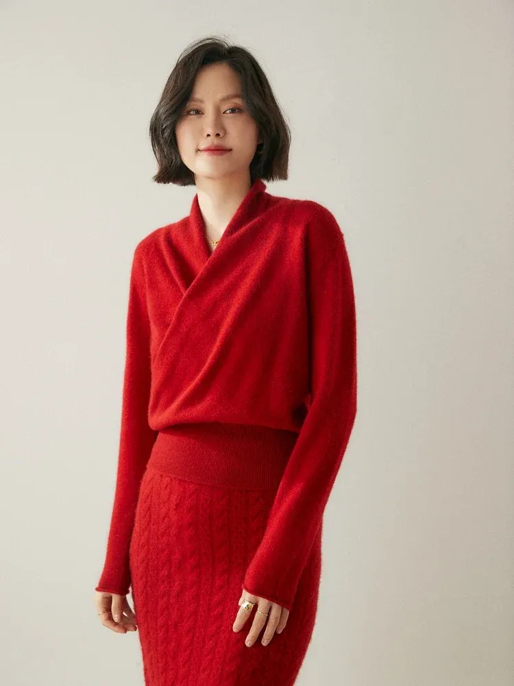 Kaschmir Wickelpullover mit V-Ausschnitt
