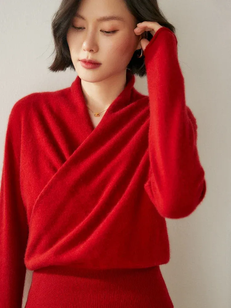 Kaschmir Wickelpullover mit V-Ausschnitt