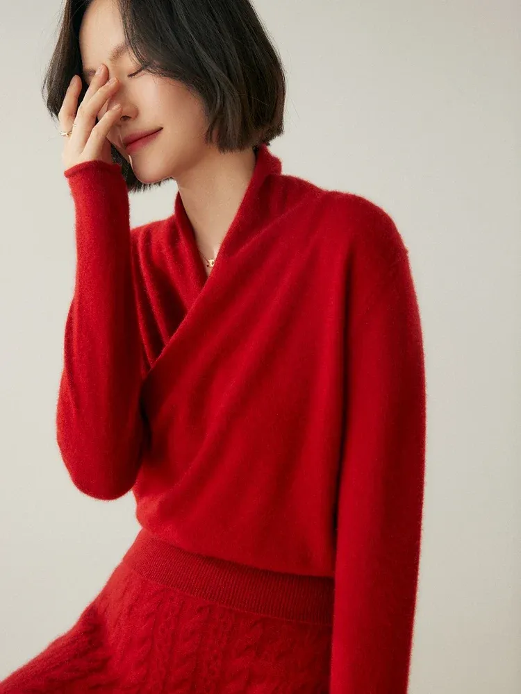 Kaschmir Wickelpullover mit V-Ausschnitt