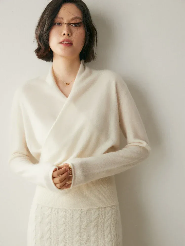 Kaschmir Wickelpullover mit V-Ausschnitt