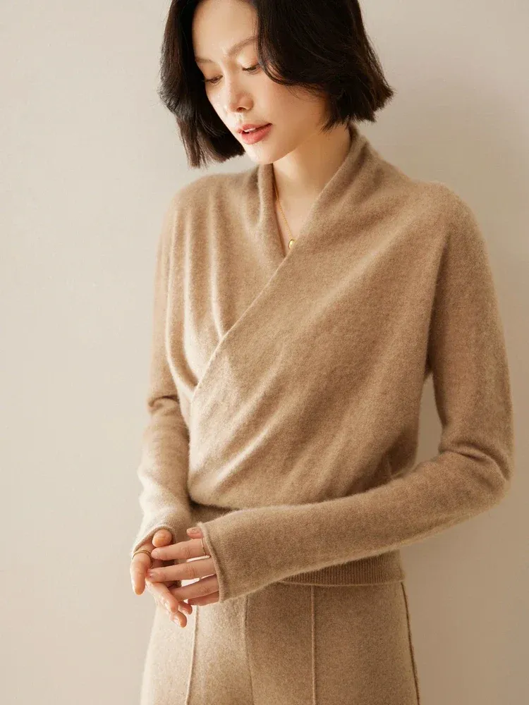 Kaschmir Wickelpullover mit V-Ausschnitt