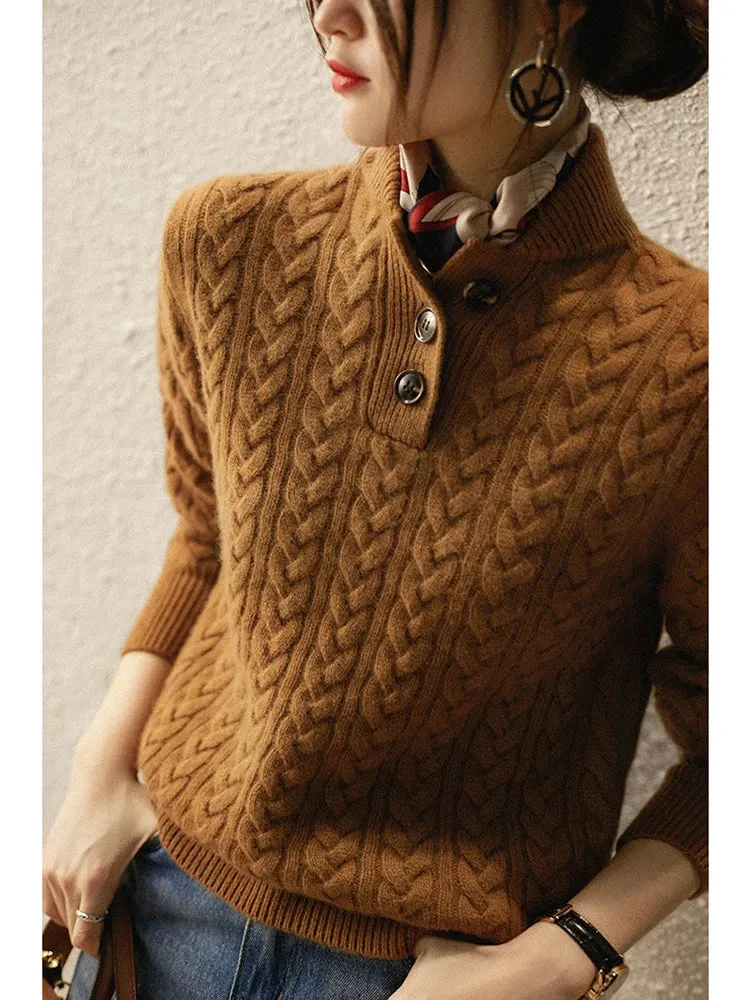 Kaschmir Strickpullover mit Zopfmuster und Knopfleiste