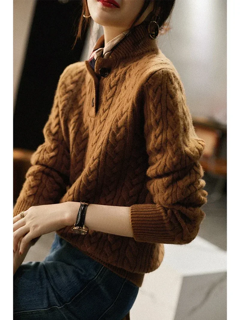 Kaschmir Strickpullover mit Zopfmuster und Knopfleiste