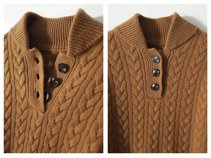 Kaschmir Strickpullover mit Zopfmuster und Knopfleiste