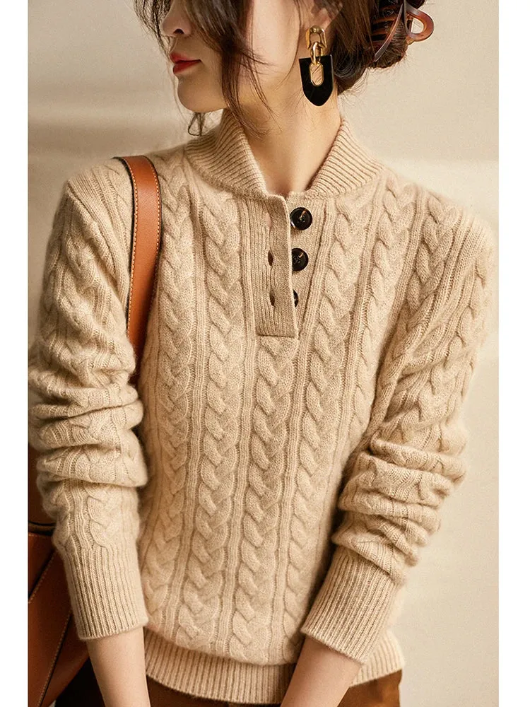 Kaschmir Strickpullover mit Zopfmuster und Knopfleiste
