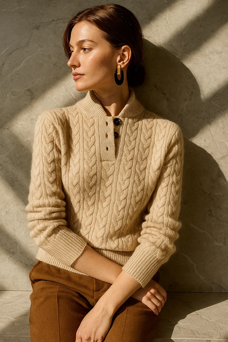 Kaschmir Strickpullover mit Zopfmuster und Knopfleiste