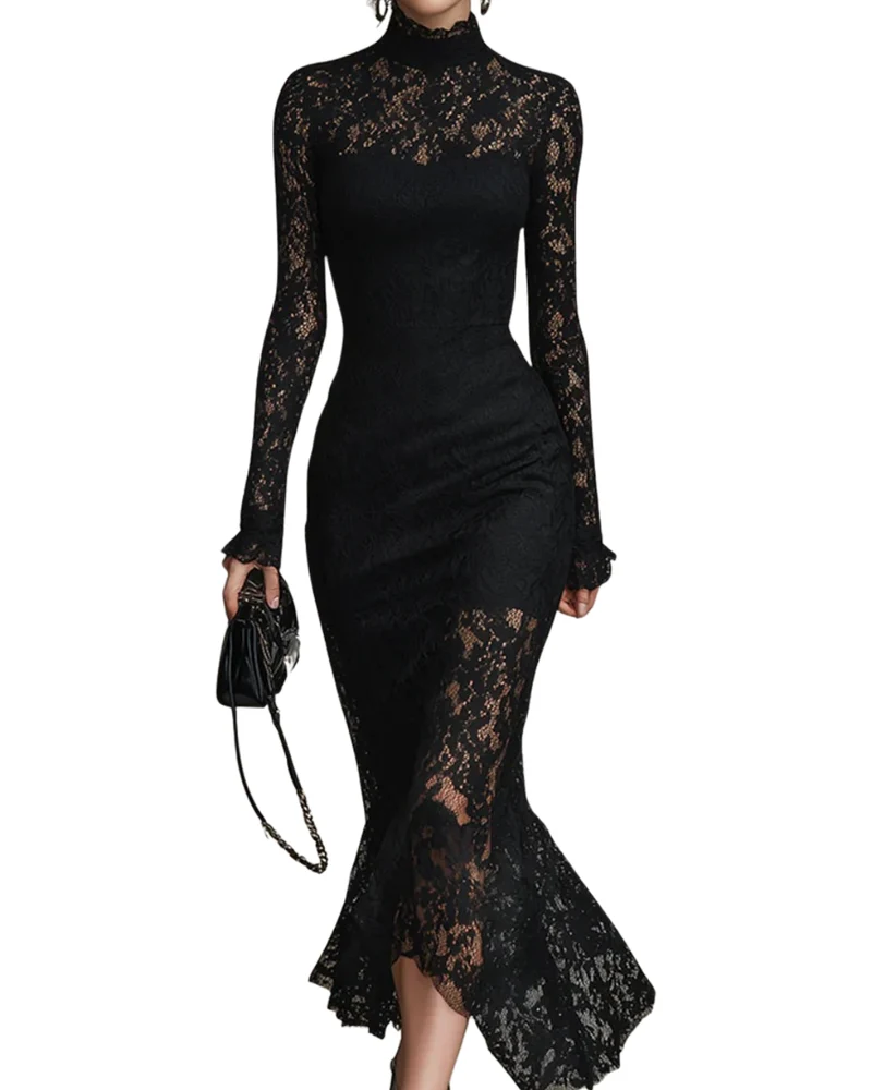 Monika | Schwarzes Spitzen-Maxikleid