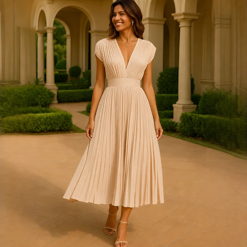 Elvira - Stilvolles Midi-Kleid mit V-Ausschnitt und Raffungen