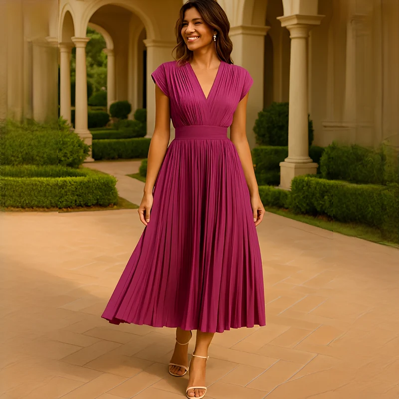 Elvira - Stilvolles Midi-Kleid mit V-Ausschnitt und Raffungen