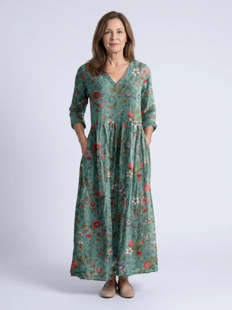 Marina | Florales V-Ausschnitt Maxikleid mit Dreiviertelärmel