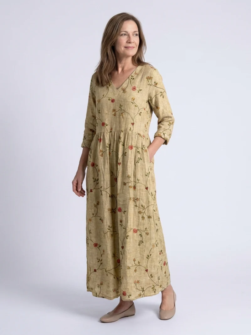 Marina | Florales V-Ausschnitt Maxikleid mit Dreiviertelärmel