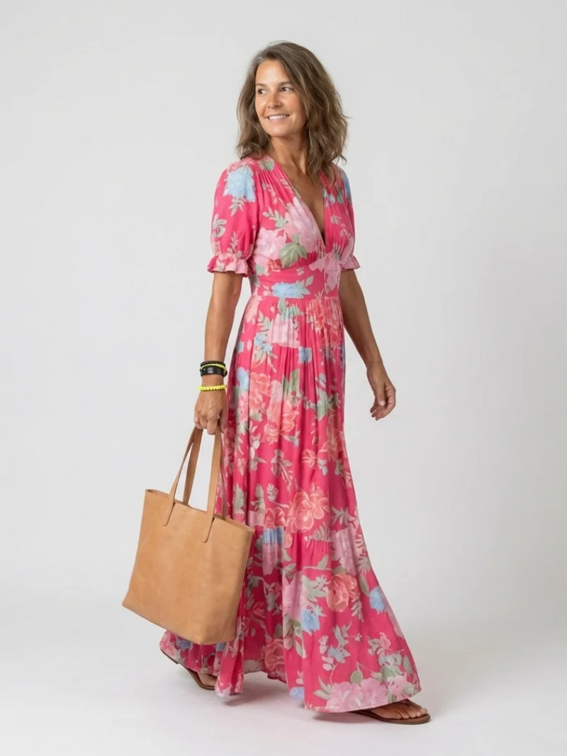 Ione | Kurzärmliges V-Ausschnitt Blumen-Midi-Kleid