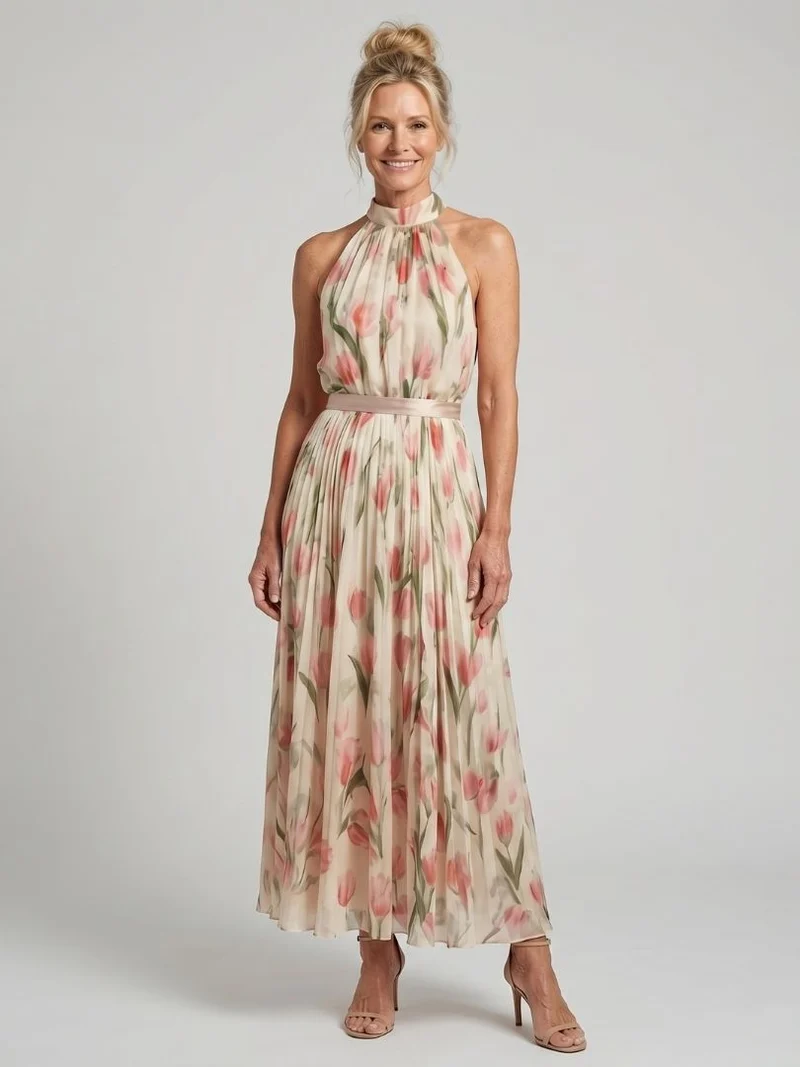 Aurelle | Halter Neck Floral Midi Dress
