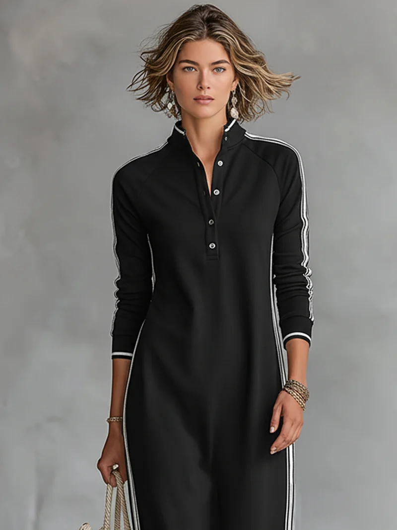 Laura | Sweat Maxikleid Knopfkragen Weißer Saum