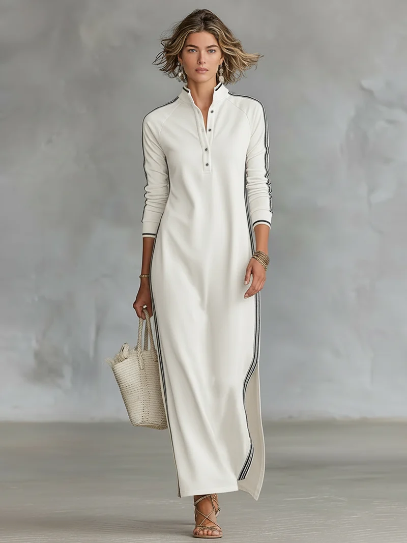 Laura | Sweat Maxikleid Knopfkragen Weißer Saum