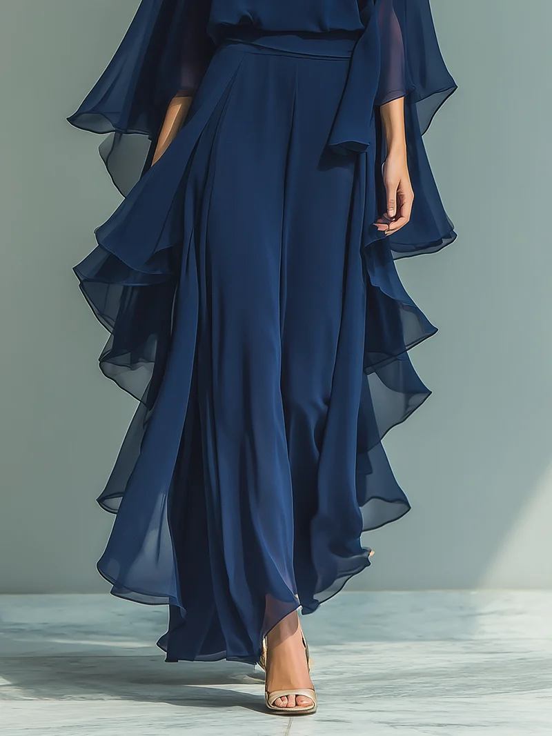 Clara | Marineblaues Chiffon Set Rüschen Hose