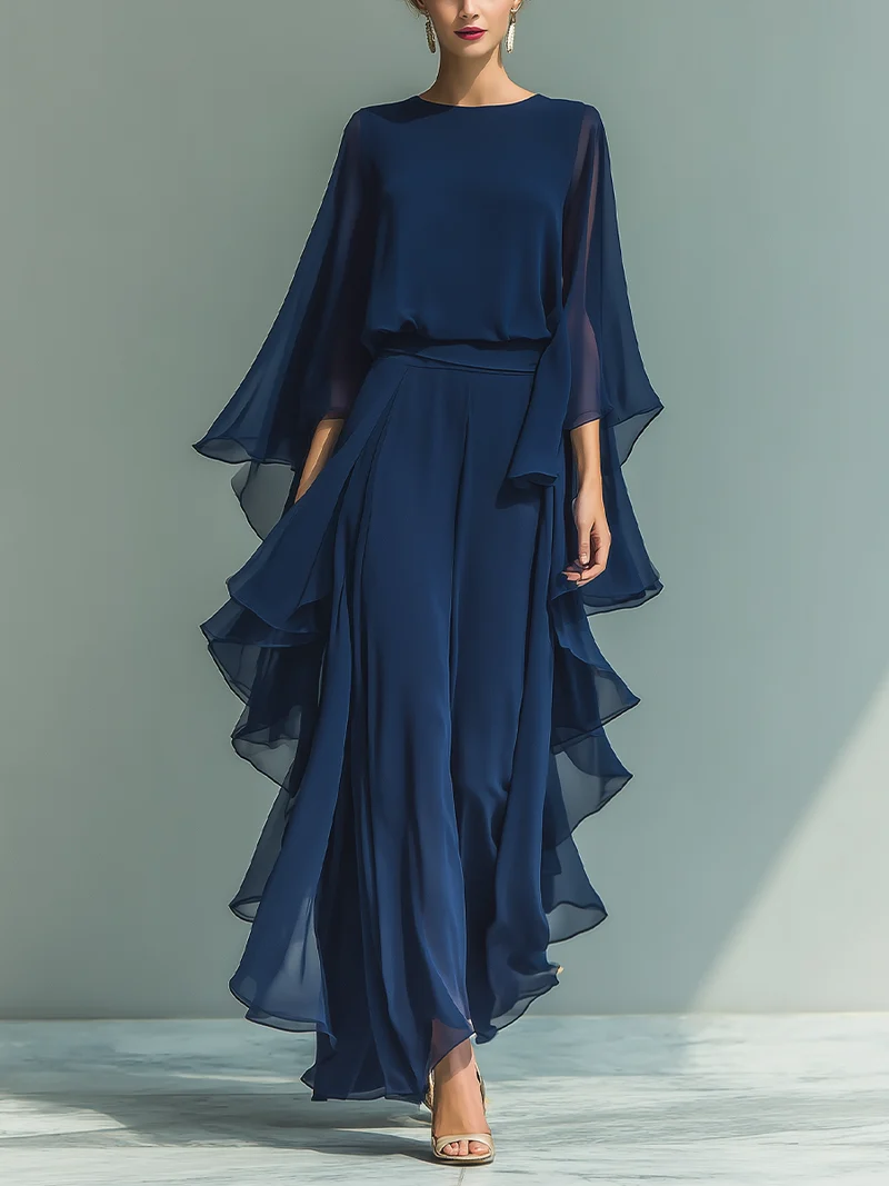 Clara | Marineblaues Chiffon Set Rüschen Hose
