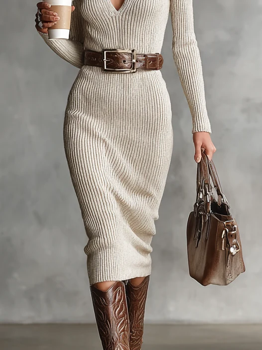 Lea | Midi Strickkleid V-Ausschnitt Slim Fit