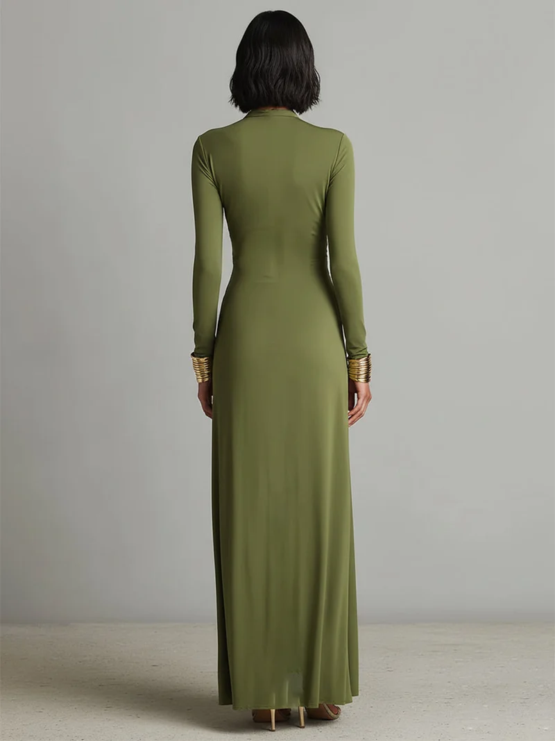 Sofia | Oliv Seide Maxikleid Tiefer V-Ausschnitt