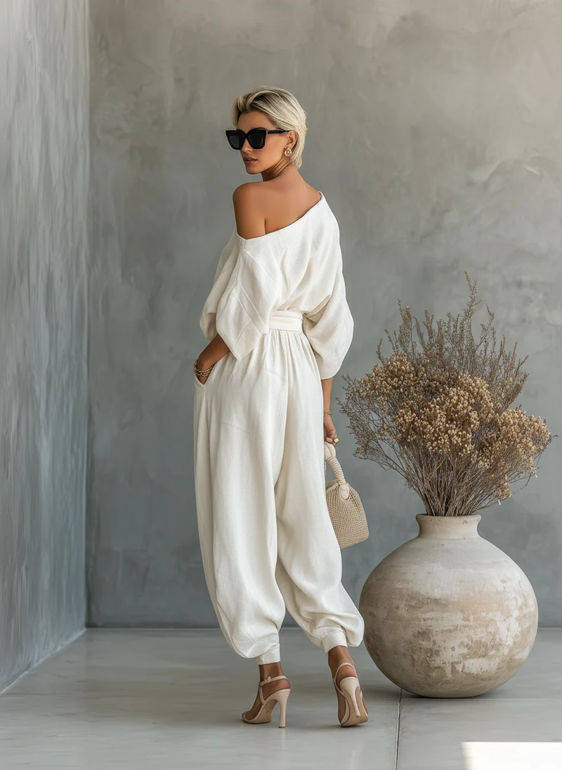 Ella | Weißes Leinen Set Off-Shoulder Hose
