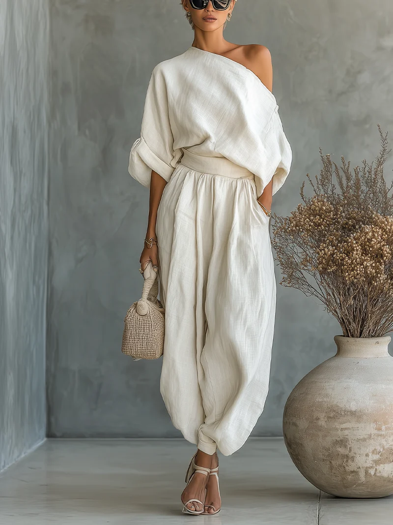 Ella | Weißes Leinen Set Off-Shoulder Hose