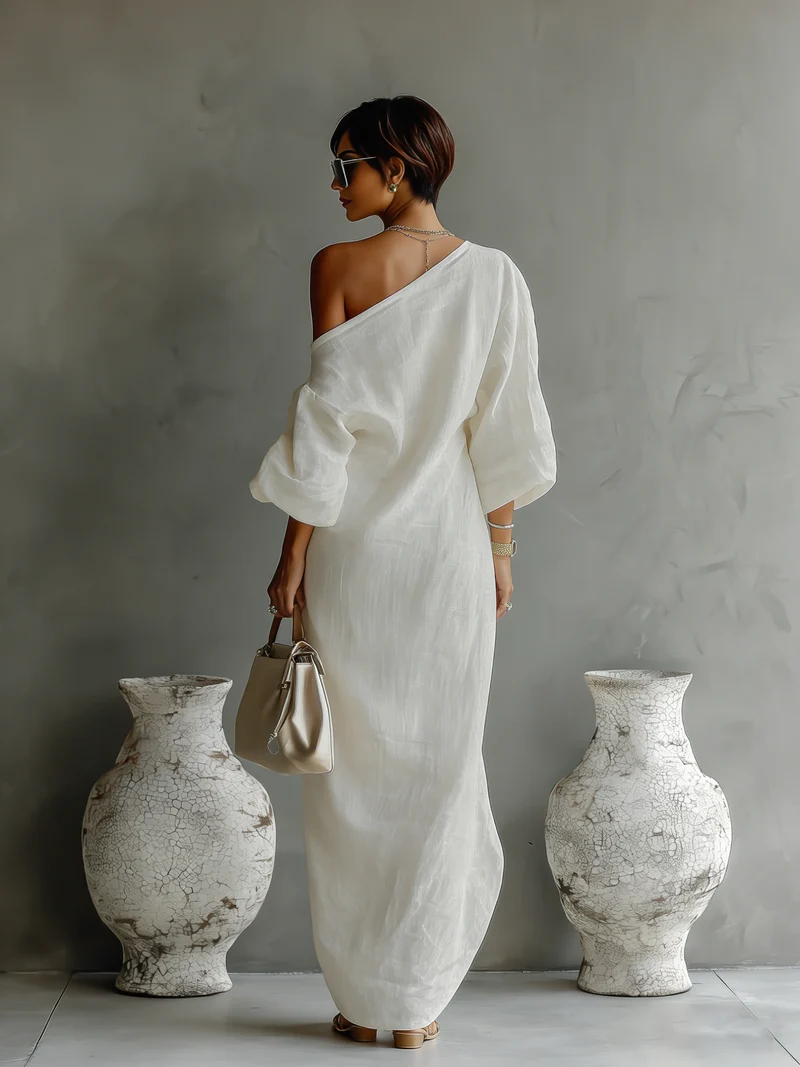 Isabella | Fließendes Leinen Kleid Off-Shoulder